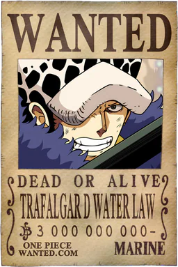 WANTED poster of Trafalgar D Water Law - 3000000000 Berries